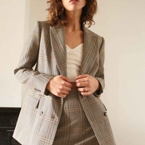 NWOT Aritzia Wilfred Beige Plaid Double-Breasted Margaux Blazer